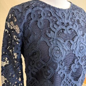 English Factory Small Navy blue lined Lace Long sheer Sleeve blouse